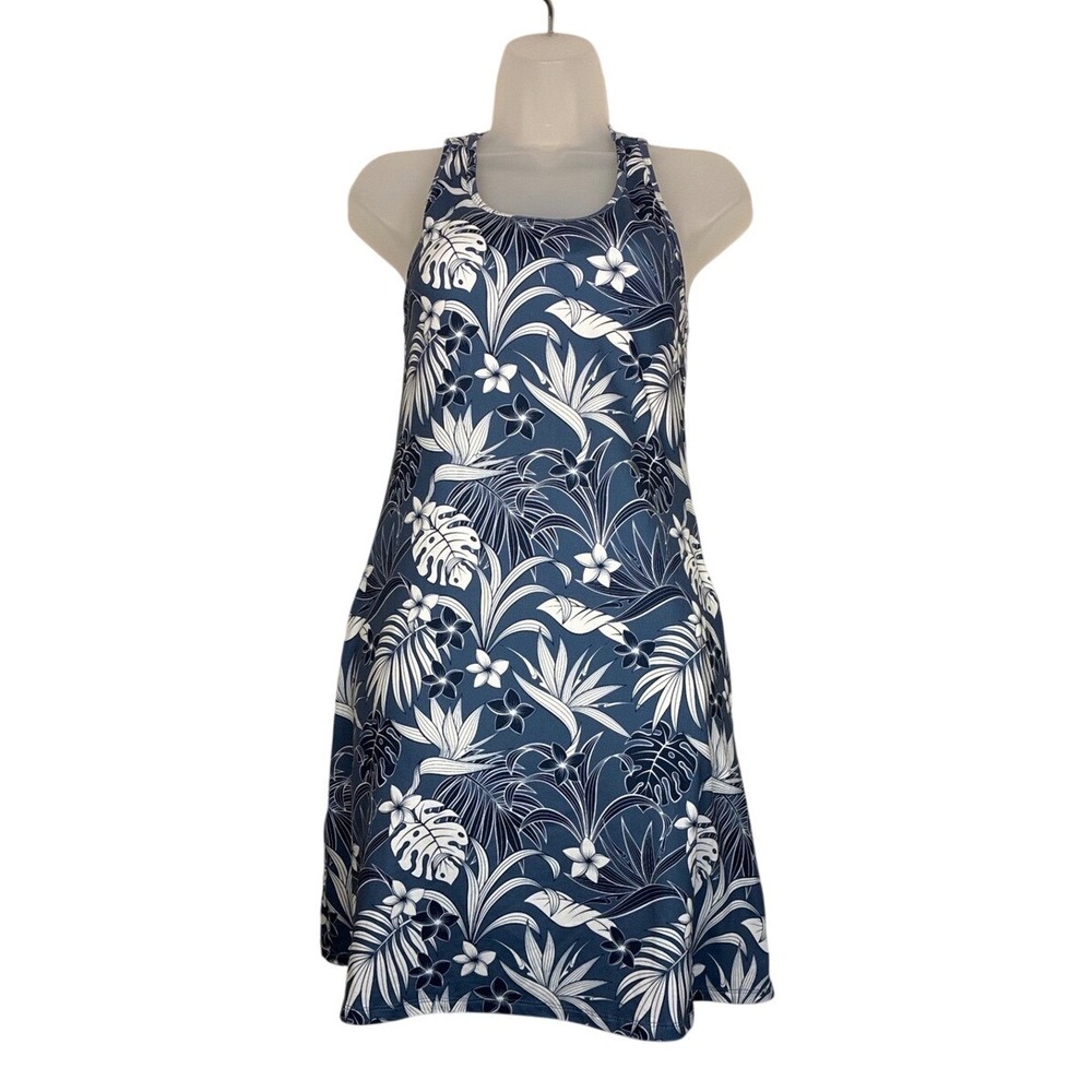 Kyodan Outdoor Dress S floral tank blue white 2 pockets shelf bra stetchy